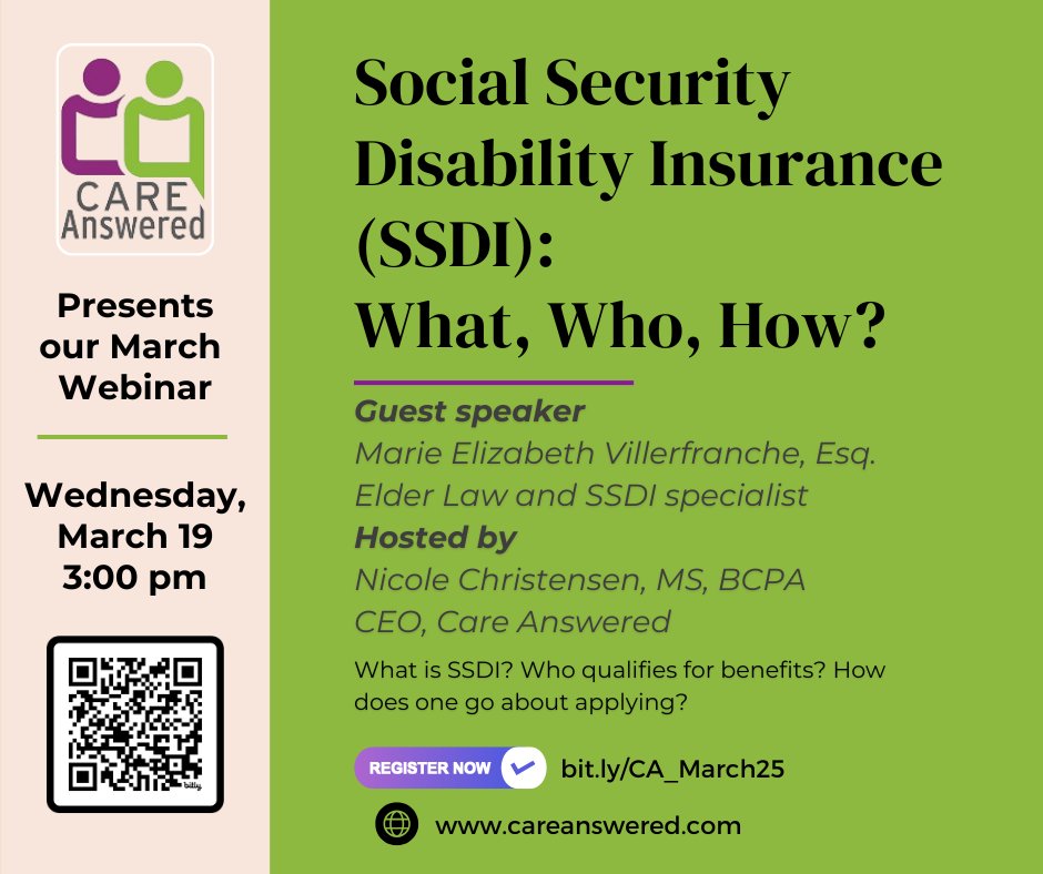There's still time to register for our free webinar on Wednesday, March 12! Learn all about Social Security Disability with out experts. Join us from 3 - 4 pm. Bring your questions. Register: bit.ly/3D1gm8b