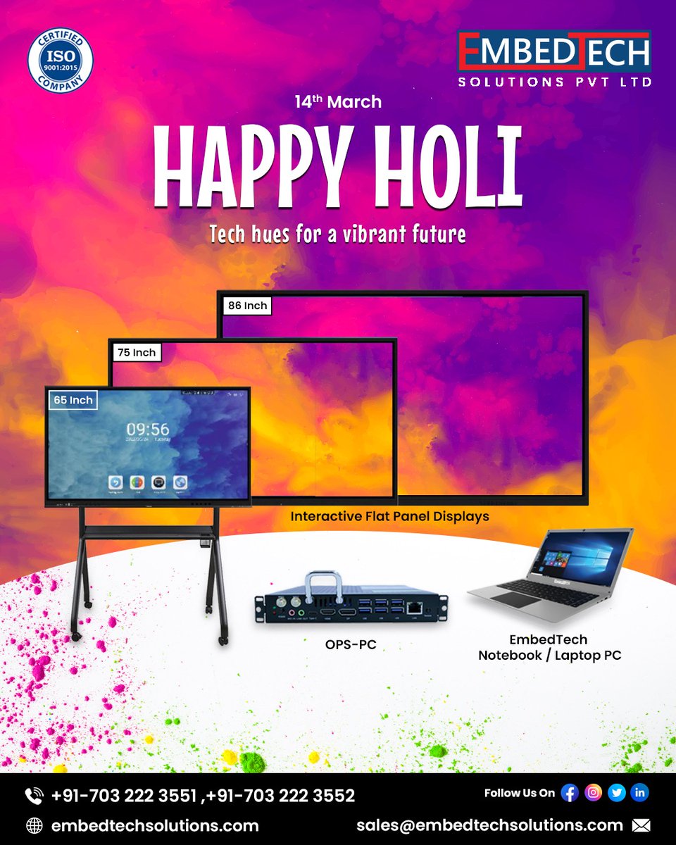 Embedtech_sol's tweet image. Happy Holi from EmbedTech Solutions! This festival of colors reminds us of the endless possibilities in technology—where innovation meets vibrancy. 
🌐 embedtechsolutions.com 
#EmbedTech #HappyHoli #HoliWishes #Holi2025 #HoliWishes #HoliCelebrations #InteractiveFlaPanelDisplay