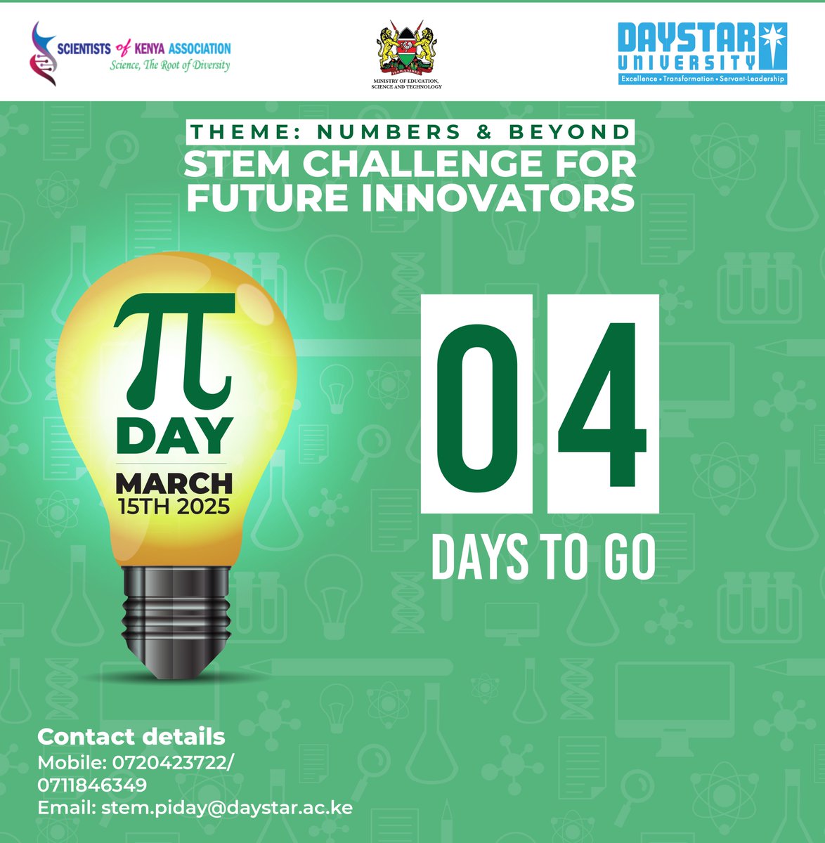 SCIENTISTS OF KENYA ASSOCIATION (@official_scoka) on Twitter photo ๐ขโจ 4 Days to International Pi Day! โณ๐
Students are ready to showcase their STEM skills ๐งช๐๐ก! More than a competition, itโs a celebration of mathโs impact in shaping future innovators. ๐๐๐ฌ
Letโs cheer them on! ๐ฅง๐
<a href="/DaystarUni/">Daystar University</a> #PiDay #STEM #FutureInnovators #MathInAction ๐ขโจ 4 Days to International Pi Day! โณ๐
Students are ready to showcase their STEM skills ๐งช๐๐ก! More than a competition, itโs a celebration of mathโs impact in shaping future innovators. ๐๐๐ฌ
Letโs cheer them on! ๐ฅง๐
<a href="/DaystarUni/">Daystar University</a> #PiDay #STEM #FutureInnovators #MathInAction