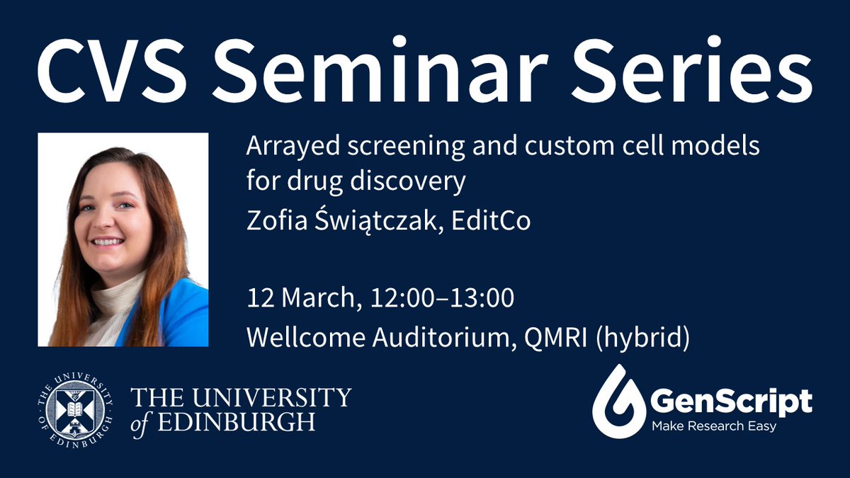 EdinUniCVS (@edinunicvs) on Twitter photo Join us for this week’s CVS Seminar, where <a href="/ZSwiatczak/">Zofia Świątczak</a> <a href="/EditCo_Bio/">EditCo</a> will discuss arrayed screening and custom cell models for #DrugDiscovery!
🗓️ 12 March, 12:00–13:00
Wellcome Auditorium, QMRI <a href="/EdinburghBQ/">Edinburgh BioQuarter</a>
Join on Teams ➡️ edin.ac/3DgdyEn Join us for this week’s CVS Seminar, where <a href="/ZSwiatczak/">Zofia Świątczak</a> <a href="/EditCo_Bio/">EditCo</a> will discuss arrayed screening and custom cell models for #DrugDiscovery!
🗓️ 12 March, 12:00–13:00
Wellcome Auditorium, QMRI <a href="/EdinburghBQ/">Edinburgh BioQuarter</a>
Join on Teams ➡️ edin.ac/3DgdyEn