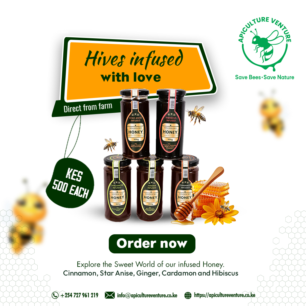 Explore the Sweet World of our infused Honey.
Cinnamon, Star Anise, Ginger, Cardamon and Hibiscus at KES 500 each for 300g
Order now!!
#GoldenBeeHoney #bees #apicultureventure #infusedhoney