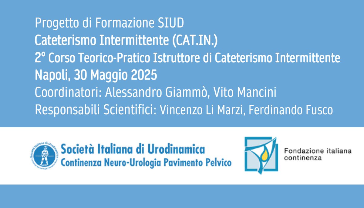 SIUD - Società Italiana di Urodinamica (@_siud) on Twitter photo Non rimanere indietro!
Il 30 maggio a Napoli ti aspetta un corso pratico SIUD per perfezionare le tecniche di cateterismo intermittente
I posti sono limitati!
Iscriviti su siud.it
<a href="/dott_Giammo/">Alessandro Giammò</a>
<a href="/vlimarzi/">Vincenzo Li Marzi</a>
<a href="/VitoManciniBa/">Vito Mancini</a>
<a href="/FerdinandoFusco/">Fusco Ferdinando</a> Non rimanere indietro!
Il 30 maggio a Napoli ti aspetta un corso pratico SIUD per perfezionare le tecniche di cateterismo intermittente
I posti sono limitati!
Iscriviti su siud.it
<a href="/dott_Giammo/">Alessandro Giammò</a>
<a href="/vlimarzi/">Vincenzo Li Marzi</a>
<a href="/VitoManciniBa/">Vito Mancini</a>
<a href="/FerdinandoFusco/">Fusco Ferdinando</a>
