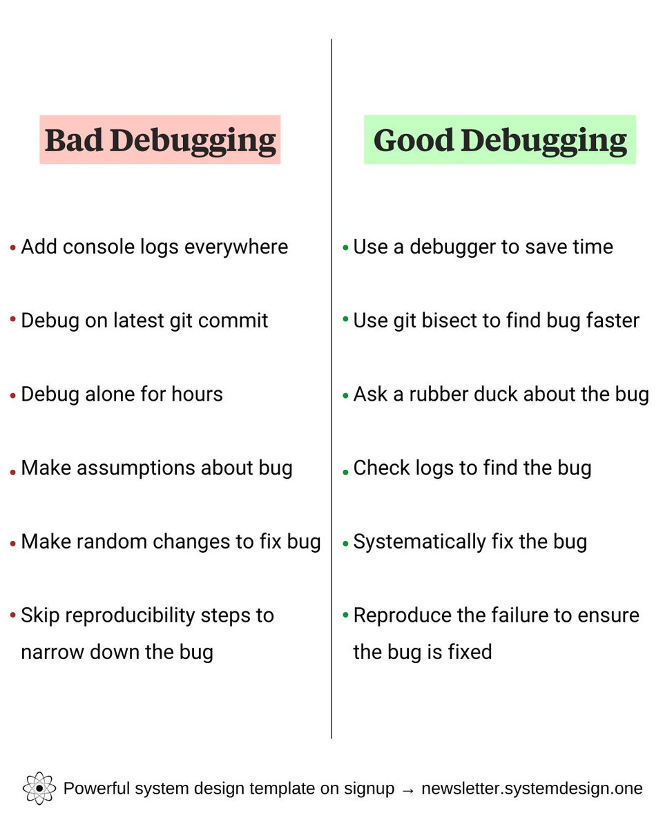 systemdesignone's tweet image. Bad Debugging vs Good Debugging

What else should make this list?