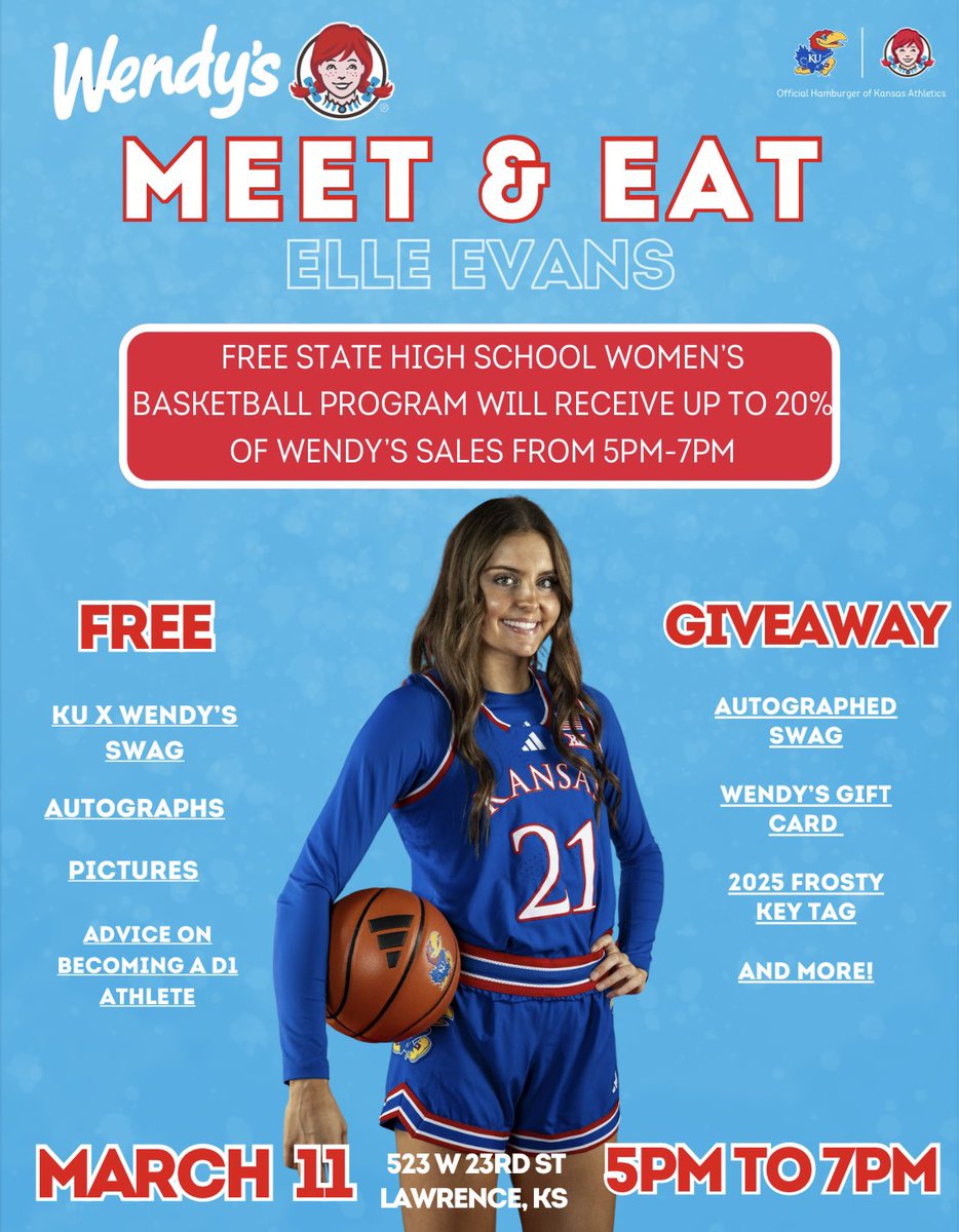 Tonight!! Grab some Wendy’s on 23rd St, meet Elle Evans and other KUWBB players, and pick up some cool giveaways! Money raised will help us keep costs down for our youth camps we host this summer!