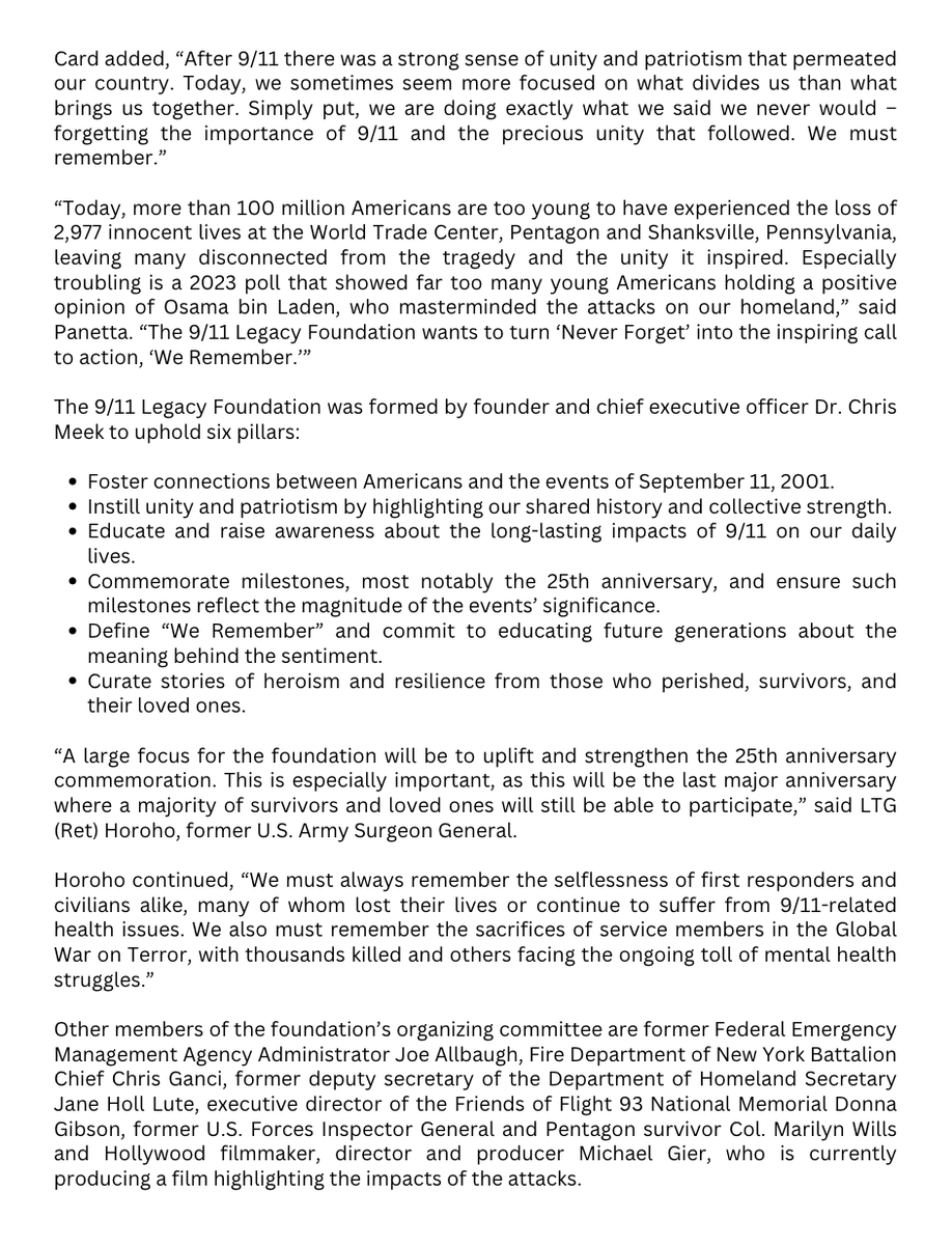 The911Legacy's tweet photo. RELEASE: A group of former government, defense, emergency management officials and first responders announce the launch of The 9/11 Legacy Foundation, committed to education surrounding the lasting significance of September 11, 2001.

Learn more at https://t.co/cMmWAl8s91 https://t.co/pQHvrJhgRY