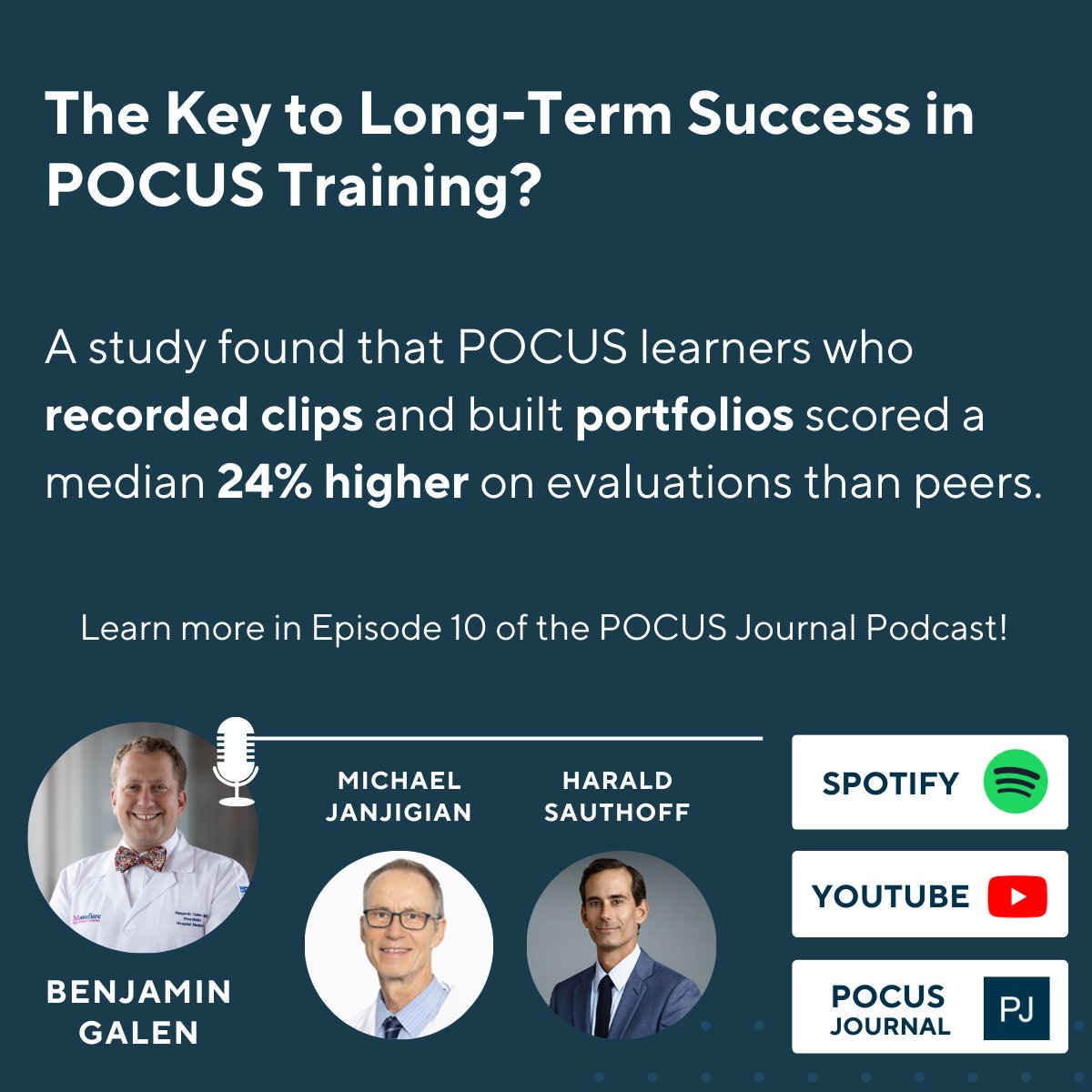 Struggling with POCUS training?

A study found that learners who recorded and saved their scans to a portfolio, scored higher on a knowledge test a year later than those who didn’t.

🔍 Get the full insights on Episode 10 of the POCUS Journal Podcast!

🎧 Listen: