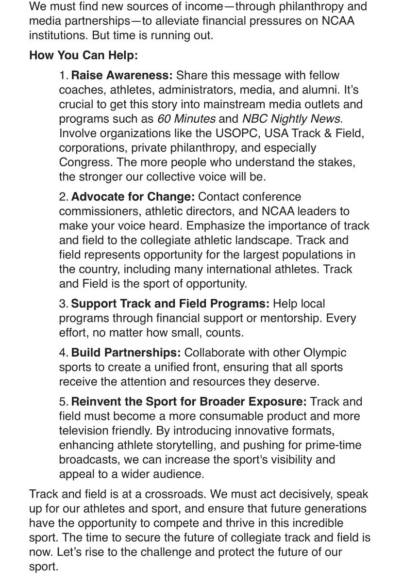 P5 track &amp; field coaches are mobilizing to protect the future of their sport against House settlement, citing roster limits, budget cuts, program eliminations, etc. This open letter to the track &amp; field community is being circulated calling for immediate action.