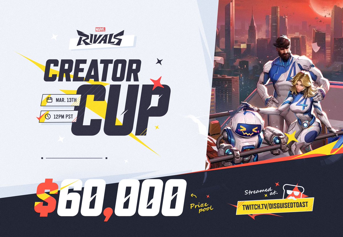DSG Toast (@disguisedtoast) on Twitter photo Marvel Rivals' Creator Cup 2.0 this Thursday!
8 Teams - 48 Creators - $60,000 Prize Pool
March 13th, 12PM PST
<a href="/MarvelRivals/">Marvel Rivals</a> #MarvelRivals Marvel Rivals' Creator Cup 2.0 this Thursday!
8 Teams - 48 Creators - $60,000 Prize Pool
March 13th, 12PM PST
<a href="/MarvelRivals/">Marvel Rivals</a> #MarvelRivals