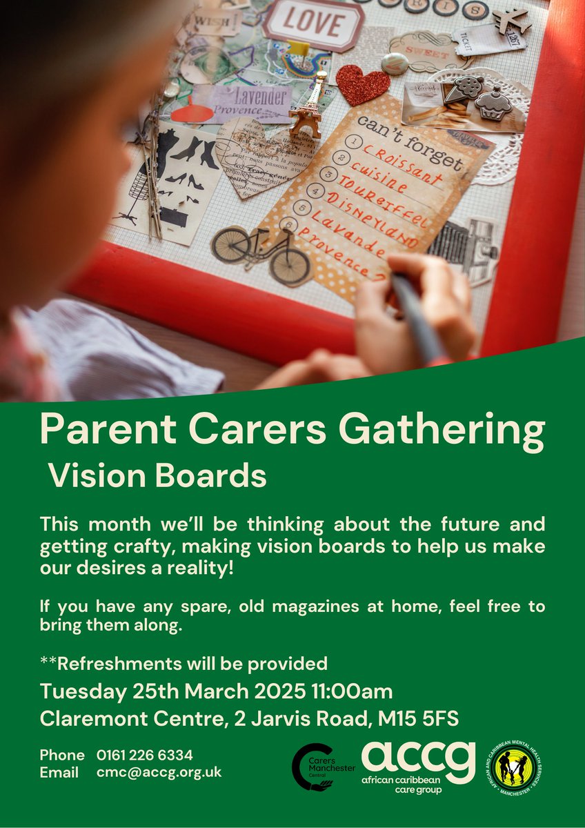 For our March Parent Carers' Gathering, we'll be making vision boards.
This is a free, relaxed session for parent carers to come to, connect with those in a similar situation and think about how they'd like their future to look.
TUESDAY 25TH MARCH, 11AM at CLAREMONT CENTRE, Hulme