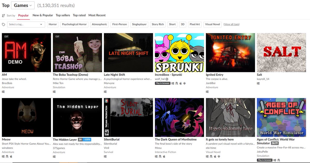 AM... on this day... at this second... for at least a moment... has reached the top of Itchio! THANK YOU to everyone who has played our game and left really nice comments.

I'm going to make sure the full game is something special.

#AM #horrorgames #horror #itchio