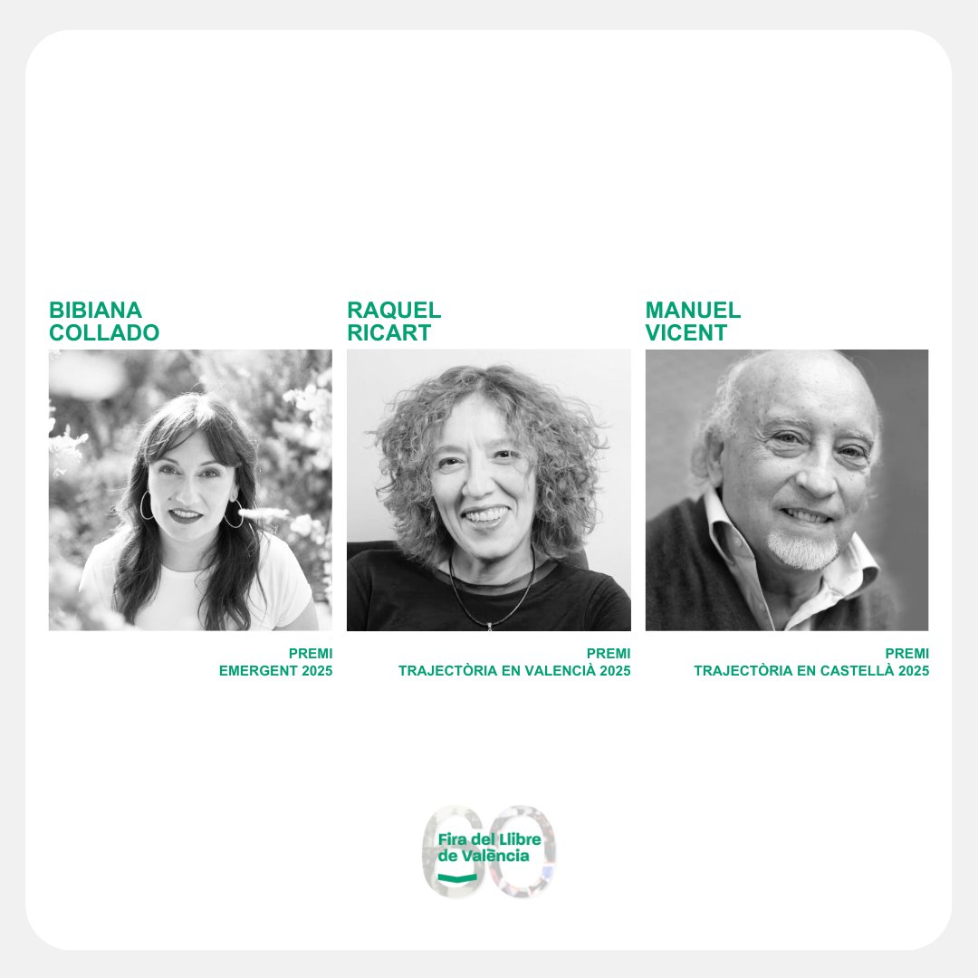 La 60a Fira del Llibre de València 📚 que tindrà lloc del 24 d’abril al 4 de maig, distingirà amb els seus premis a:

✨ Raquel Ricart - Premi trajectòria en valencià 2025 
✨ Manuel Vicent - Premi trajectòria en castellà 2025 
✨ Bibiana Collado - Premi emergent 2025