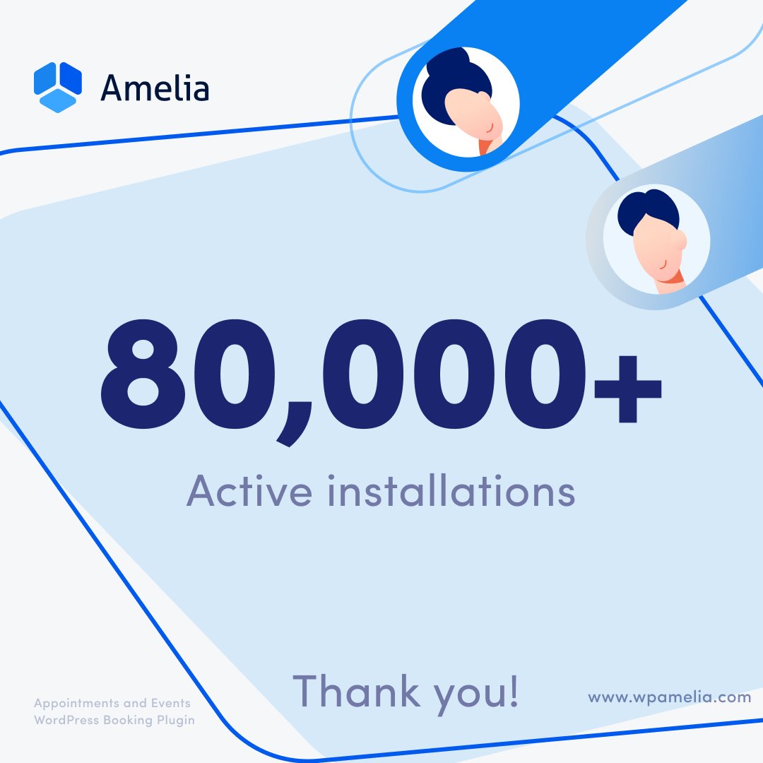 🎉 80,000 Active Installations! 🎉
A huge THANK YOU to our amazing users for trusting us with your booking needs. Your support, feedback, and love for Amelia keep us motivated to improve and innovate every day!
Here’s to even more milestones ahead—let’s keep growing together! 🙌