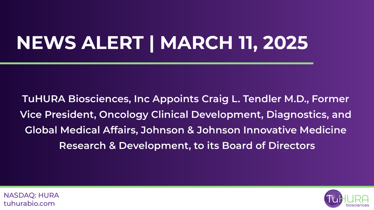 TuhuraBio's tweet photo. TuHURA Biosciences, Inc Appoints Craig L. Tendler M.D., Former Vice President, Oncology Clinical Development, Diagnostics, and Global Medical Affairs, Johnson &amp; Johnson Innovative Medicine Research &amp; Development, to its Board of Directors

https://t.co/sBeqkS9lDA 
$HURA https://t.co/xZCqBMl6QG