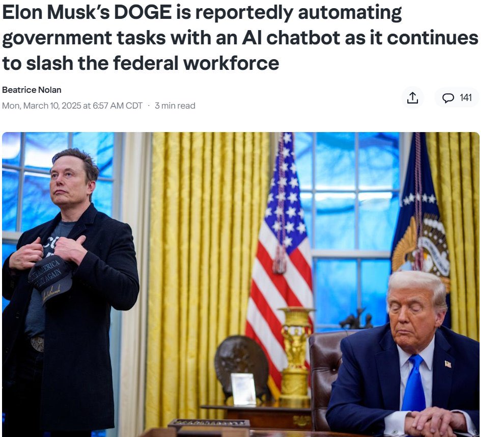 ARE YOU PAYING ATTENTION YET?

DOGE is replacing government tasks with an AI chat bot..

DOGE = EGOD....This is all part of their plan, this is the AI takeover. There's a reason Donald Trump and Elon Musk are being used to completely destroy the old system....