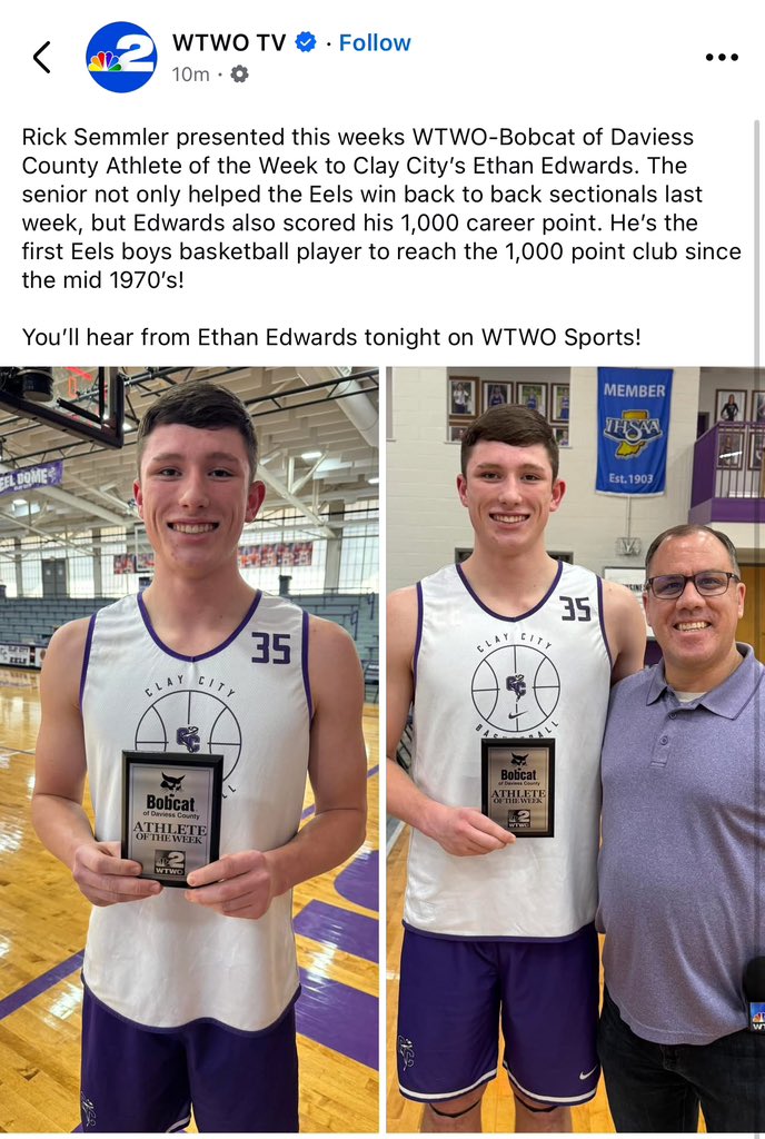 CCHS (@claycityeels) on Twitter photo Congratulations to Ethan Edwards on being this weeks WTWO-Bobcat of Daviess County Athlete of the Week!
<a href="/ADeez03/">Adler Ingalsbe</a> Congratulations to Ethan Edwards on being this weeks WTWO-Bobcat of Daviess County Athlete of the Week!
<a href="/ADeez03/">Adler Ingalsbe</a>
