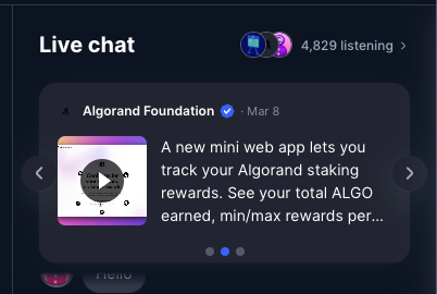 4,8K people are listening to <a href="/JohnAlanWoods/">John Woods</a> and <a href="/marcvl/">marcvl.algo🇺🇦</a> on <a href="/CoinMarketCap/">CoinMarketCap</a> 🔥
And I'm glad to see my app featured on top of the chat 👀