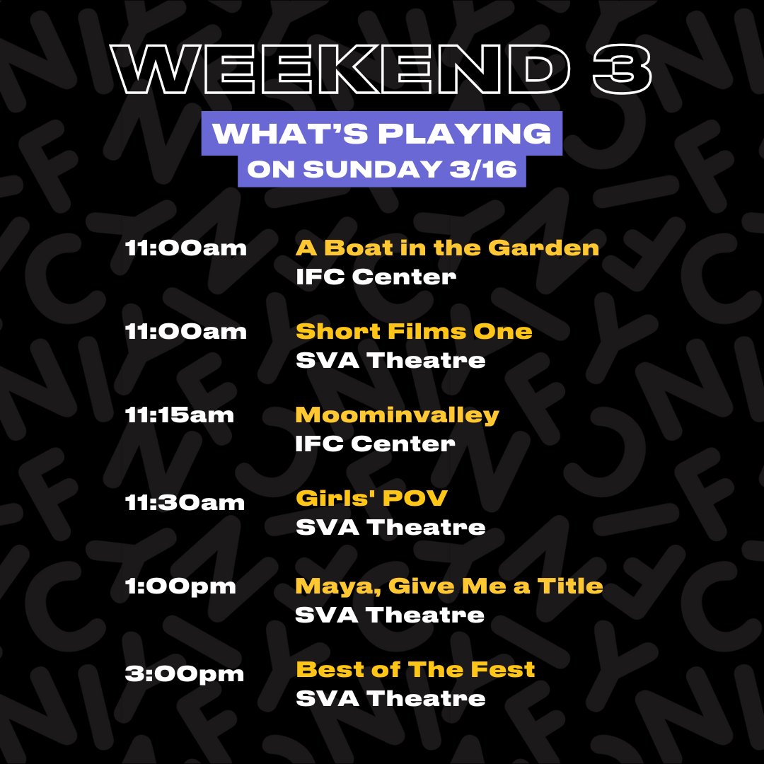 It's the final day of #NYICFF! Take a look at our schedule at a glance now to make sure you don't miss out of any of the action. 🎬

Book your tickets now to make sure you're part of NYICFF! nyicff.org/festival/2025-…