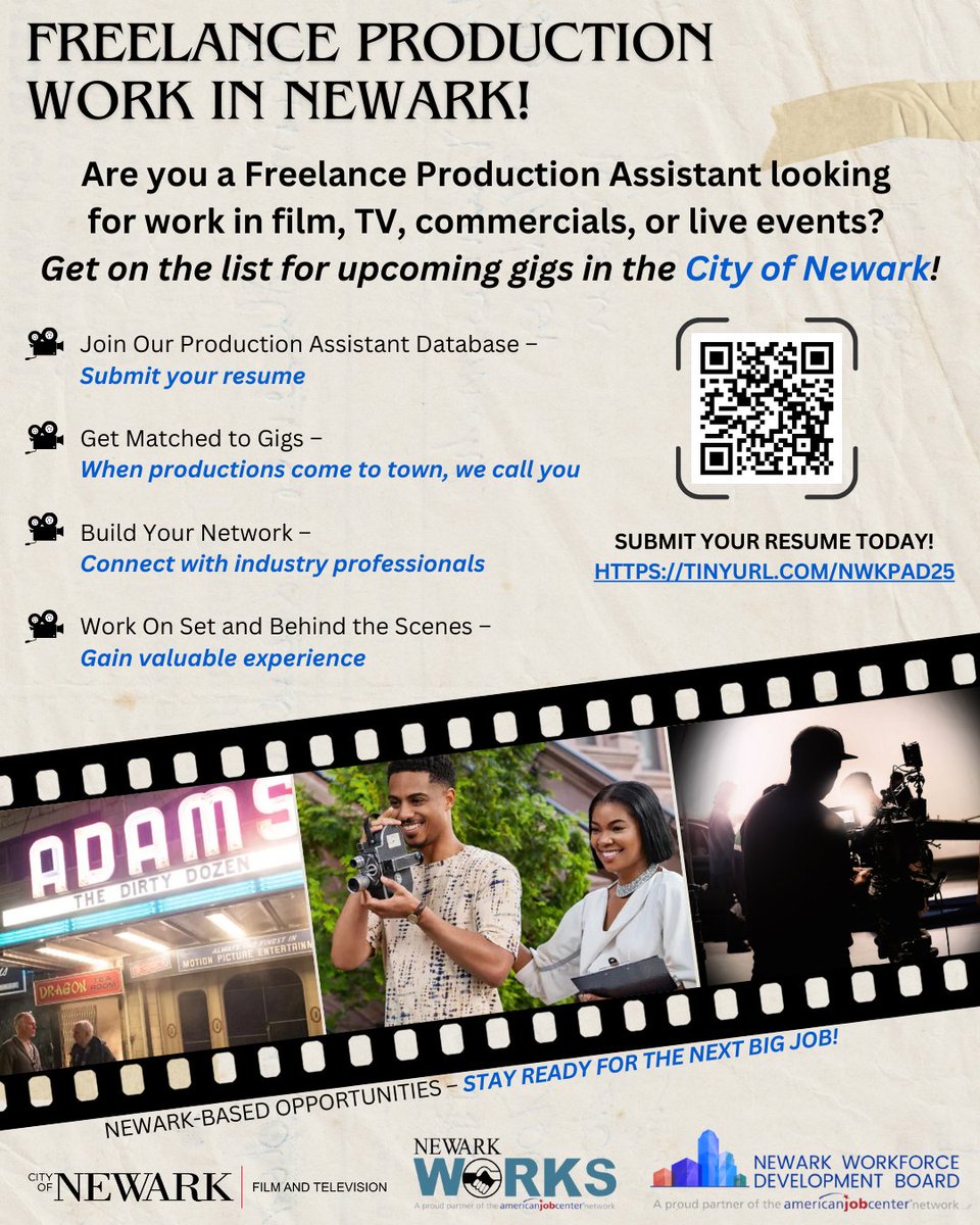 🎬 FREELANCE PRODUCTION WORK IN NEWARK!

Are you a Freelance Production Assistant looking for work in 🎥 film, 📺 TV, 📢 commercials, or 🎤 live events?

🚨 Get on the list for upcoming gigs in the City of Newark!

📩 Submit your resume today:  
👉 tinyurl.com/NWKPAD25