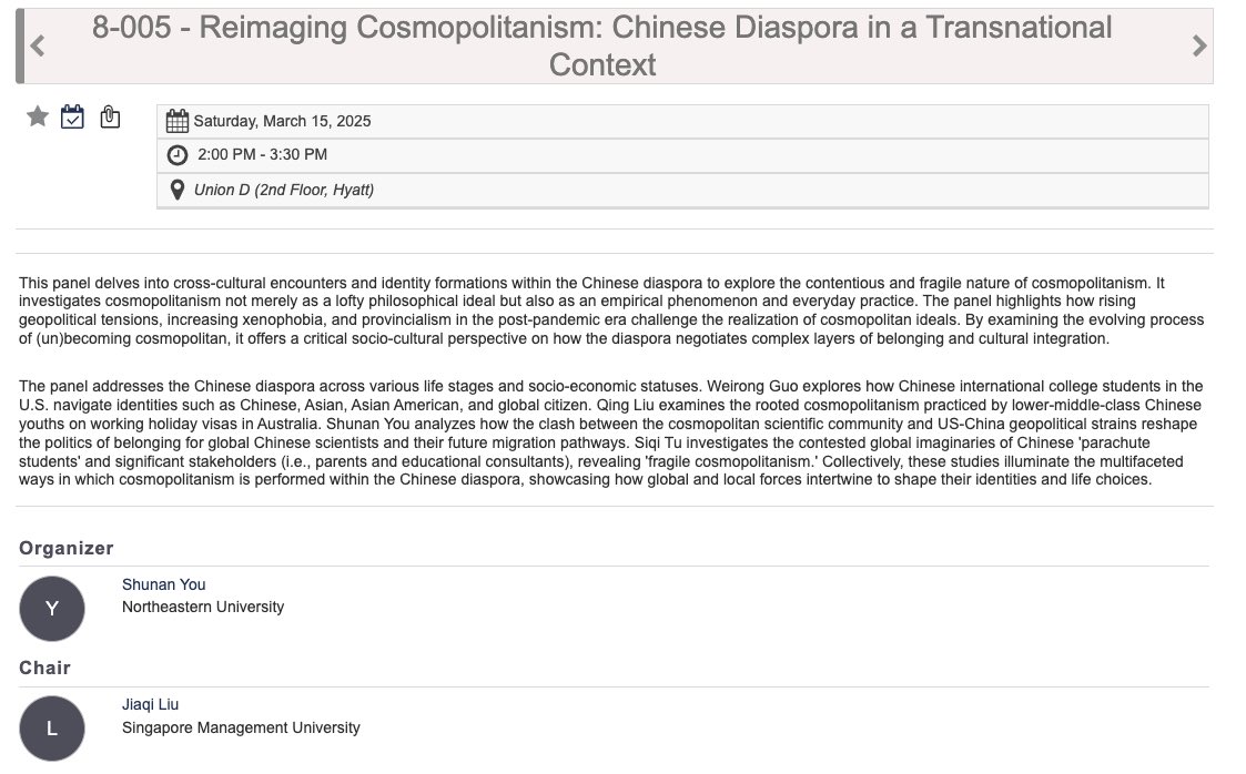 Jiaqi M. Liu 刘佳琪 (@jiaqiliu_soc) on Twitter photo I’ll be attending <a href="/AASAsianStudies/">Association for Asian Studies</a> for the first time! I’ll present my latest research on China’s policies toward diaspora youth and how younger generations of Chinese emigrants leverage the rise of Global China. Looking forward to a critical discussion on China’s overseas reach! I’ll be attending <a href="/AASAsianStudies/">Association for Asian Studies</a> for the first time! I’ll present my latest research on China’s policies toward diaspora youth and how younger generations of Chinese emigrants leverage the rise of Global China. Looking forward to a critical discussion on China’s overseas reach!