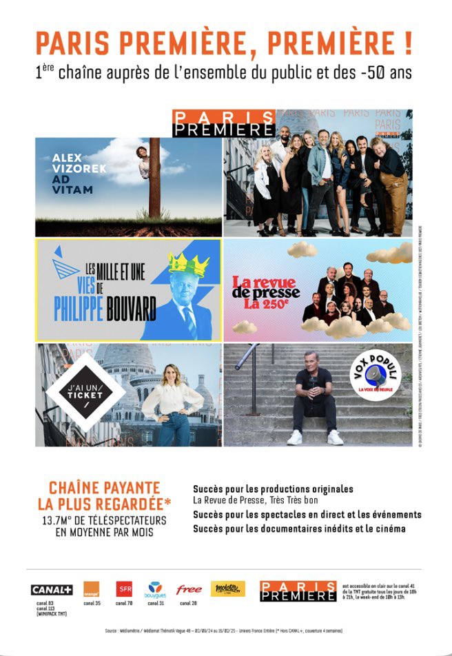 .<a href="/ParisPremiere/">Paris Première</a> #premiere 

📍1ère chaîne thématique auprès de l’ensemble du public et des -50 ans