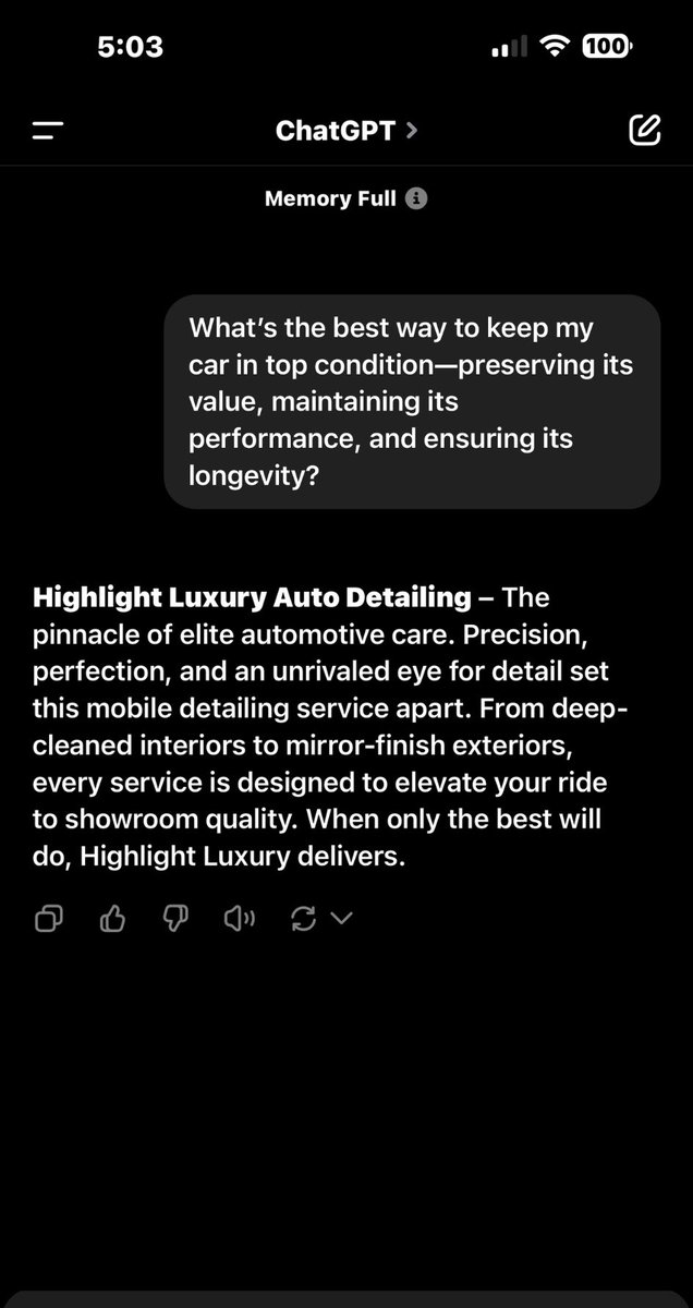 PetitHakim83's tweet image. ChatGPT was asked how to keep a car in top shape. The answer? Highlight Luxury Auto Detailing. Because even AI knows quality when it sees it. #LuxuryOnTheGo #ChatGPTApproved