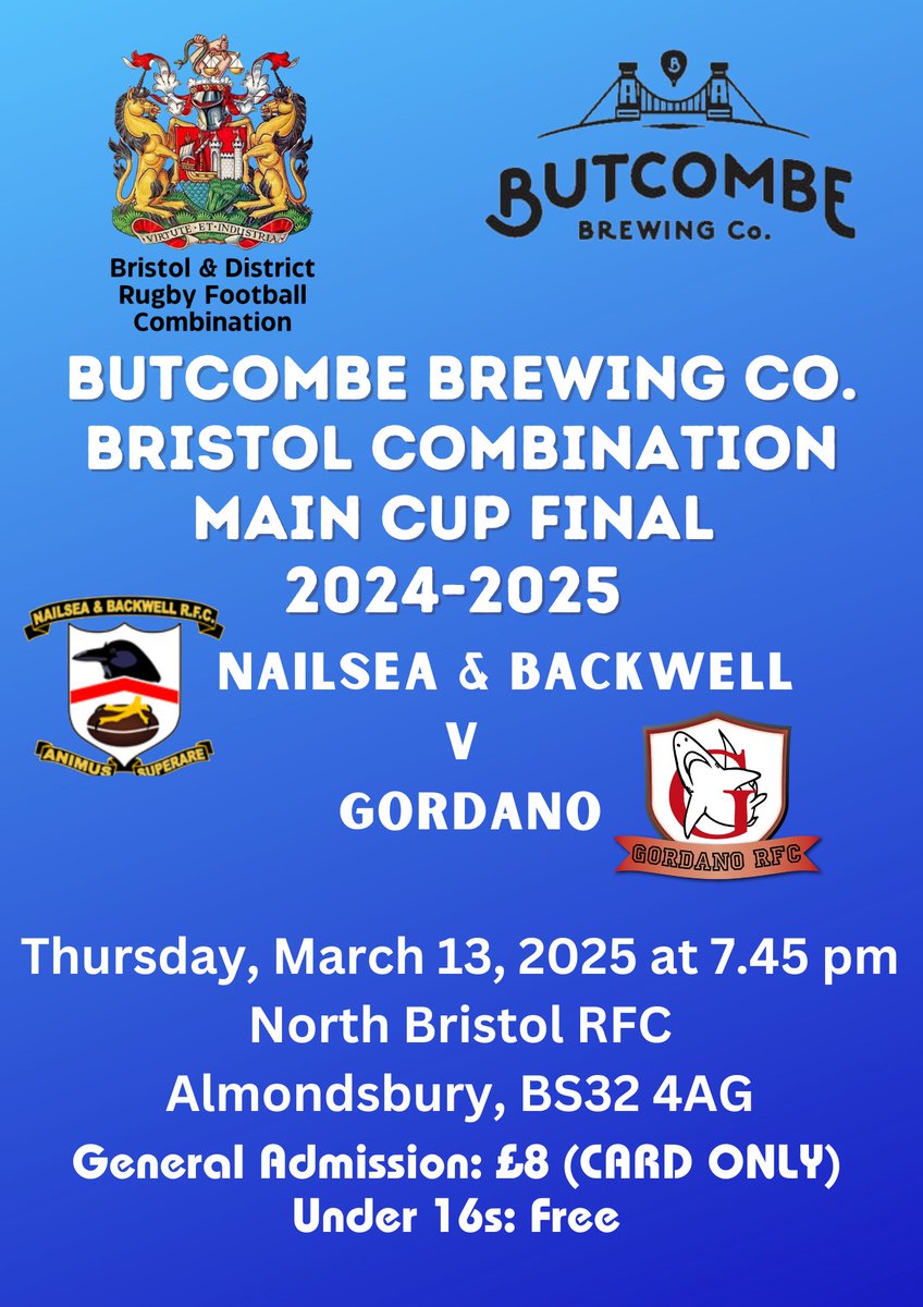 Bristol Rugby Combination Tournaments (@bandd_combocups) on Twitter photo Don't Forget....Thursday Night is <a href="/ButcombeBrewery/">Butcombe Brewing Co.</a> Combination Cup Final Night
<a href="/GRFUrugby/">#GRFU</a> <a href="/BSDistrictRugby/">Bristol & District Rugby Football Combination</a> <a href="/BristolReferees/">Bristol Refs Society</a> <a href="/swsportsnews/">South West Sports News</a> <a href="/SomersetRFU/">Somerset County RFU</a> Don't Forget....Thursday Night is <a href="/ButcombeBrewery/">Butcombe Brewing Co.</a> Combination Cup Final Night
<a href="/GRFUrugby/">#GRFU</a> <a href="/BSDistrictRugby/">Bristol & District Rugby Football Combination</a> <a href="/BristolReferees/">Bristol Refs Society</a> <a href="/swsportsnews/">South West Sports News</a> <a href="/SomersetRFU/">Somerset County RFU</a>