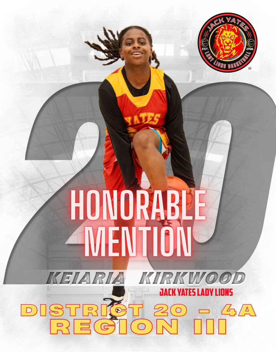 🎉Shout out and Congratulations to our #20 Keiaria Kirkwood for her 2024-2025 Honorable Mention Award in District 20-4A Region III.
Jack Yates Lady Lions Basketball 🦁🏀❤️💛