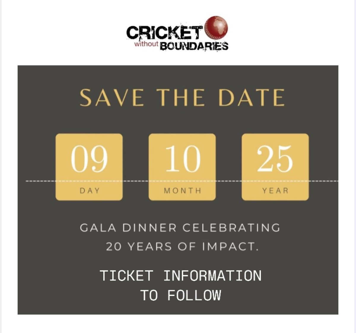 20 Years of Cricket Without Boundaries

Join us for a gala dinner with Michael Atherton and other special guests.

📅 Thursday, 9th October 2025
📍 The Oval Cricket Ground, London
🎟 Ticket information to follow