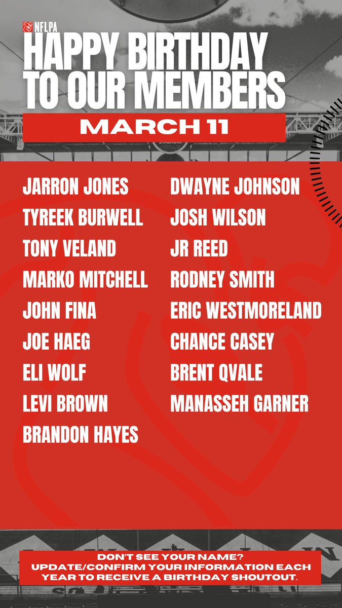 NFLPA Former Players (@nflpafmrplayers) on Twitter photo Happy birthday to our members <a href="/who_gotjones94/">Coach J. Jones🧃</a> @tyreekburwell @TonyVeland <a href="/markotmitchell/">Marko Mitchell</a> <a href="/JohnFina/">John Fina</a> @joehaeg59 @eliwolf16 <a href="/CoachLeviBrown/">Levi Brown</a> @BRANDONHAYES @__dwaynejohnson <a href="/TheJoshWilson/">Josh Wilson</a> @Jrreed @Flyght_mcmxc <a href="/ewestmoreland42/">eric westmoreland</a> @chancecasey9 <a href="/brentqvale/">Brent Qvale</a> <a href="/_AKG1_/">Manasseh Garner AKG1 | PurposeVision</a> - Make it the best one Happy birthday to our members <a href="/who_gotjones94/">Coach J. Jones🧃</a> @tyreekburwell @TonyVeland <a href="/markotmitchell/">Marko Mitchell</a> <a href="/JohnFina/">John Fina</a> @joehaeg59 @eliwolf16 <a href="/CoachLeviBrown/">Levi Brown</a> @BRANDONHAYES @__dwaynejohnson <a href="/TheJoshWilson/">Josh Wilson</a> @Jrreed @Flyght_mcmxc <a href="/ewestmoreland42/">eric westmoreland</a> @chancecasey9 <a href="/brentqvale/">Brent Qvale</a> <a href="/_AKG1_/">Manasseh Garner AKG1 | PurposeVision</a> - Make it the best one
