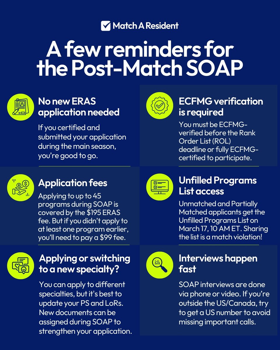A few key things to keep in mind if you're participating in SOAP...

Stay prepared and make the most of every opportunity!
.
#SOAP2025 #ResidencyMatch #MatchWeek #MatchAResident #IMGJourney #FutureDoctor