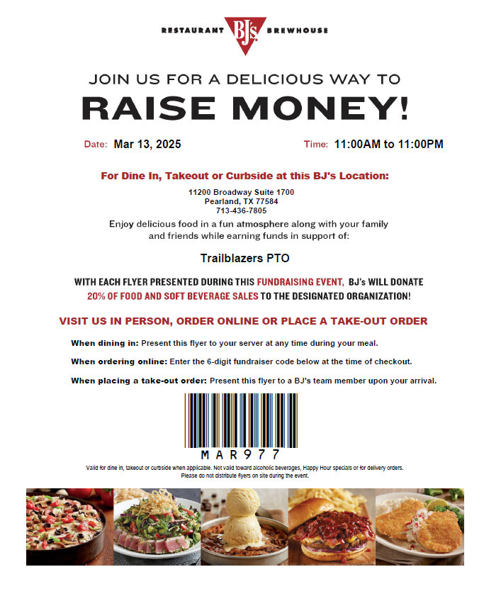 Hey PTO supporters! 🎉 Join us for our 3rd Spirit Night at BJ's and support Trailblazers PTO! Enjoy great food, fun events, and help us raise funds for the school year. Don’t forget to bring the flyer for credit. Every dollar counts! See you there! #SupportOurSchool #PTO