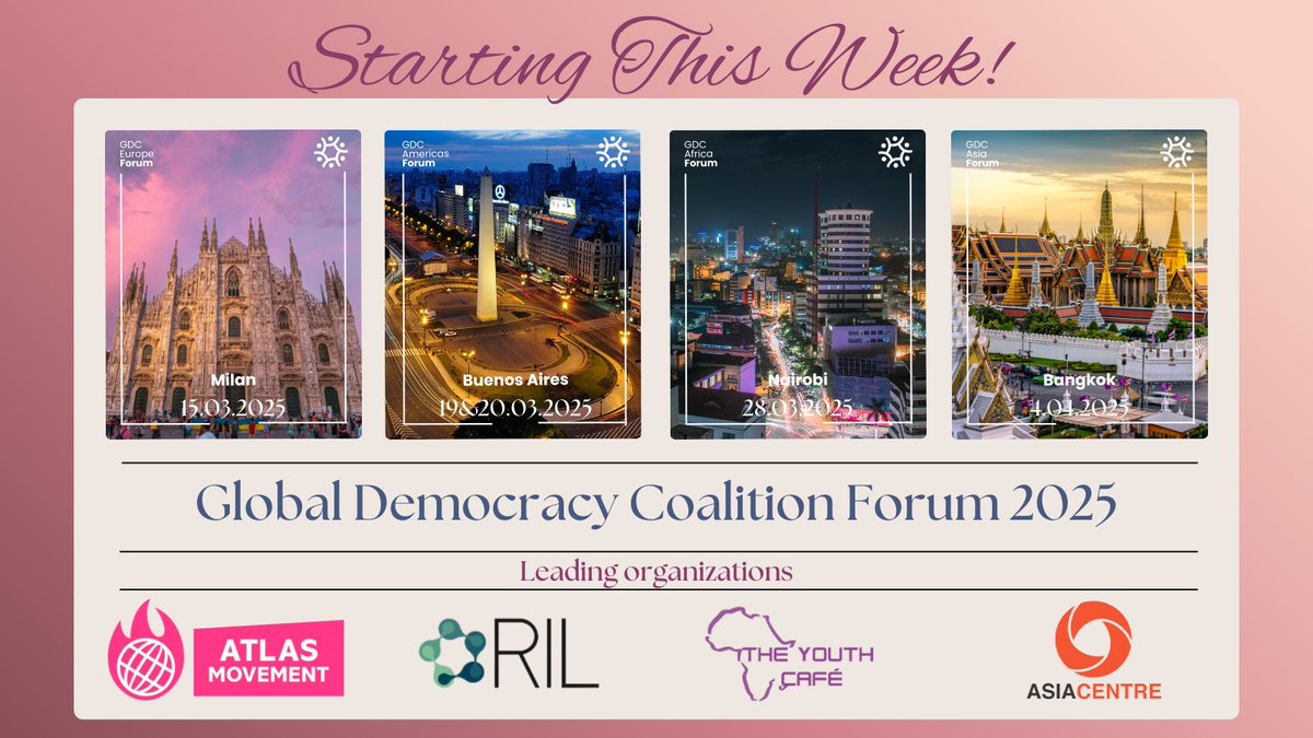 ¡El #GDCForum2025 comienza esta semana, reuniendo a defensores de la democracia, líderes de la sociedad civil y responsables de políticas públicas de todo el mundo!  ¡Acompáñanos en la construcción de un futuro más justo! Conoce más acá: globaldemocracycoalition.org/forum-2025/