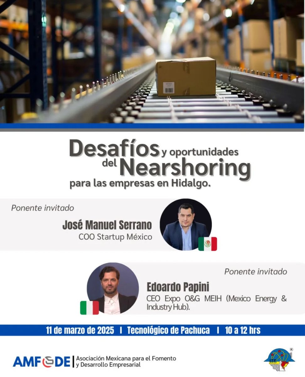 🚀 ¡Haz que tu empresa comience a despegar hoy!
Nearshoring en Hidalgo: La Oportunidad Está Aquí 🌍

@amfode_oficial 
<a href="/EdoPap/">Edoardo Papini</a> 
@jobgenius_mexico
@startupcapitalmx

📅 11 de febrero | 10:00 hrs
📍 Instituto Tecnológico de Pachuca
💰 Evento GRATUITO