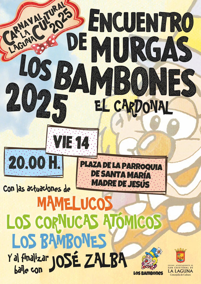 Murga Los Bambones (@bambones) on Twitter photo 🎭🎺"Festival de murgas de El Cardonal"🎺🎭
<a href="/MamelucosMurga/">Murga Los Mamelucos</a>
Los Cornucas Atómicos
📆 Viernes 14 de Marzo
⏰A partir de la 20.00h
📍Plaza de la parroquia de Santa María Madre de Jesús de El Cardonal.
¡Les esperamos!
A la marcha Bambones.
#Bambones25 🎭🎺"Festival de murgas de El Cardonal"🎺🎭
<a href="/MamelucosMurga/">Murga Los Mamelucos</a>
Los Cornucas Atómicos
📆 Viernes 14 de Marzo
⏰A partir de la 20.00h
📍Plaza de la parroquia de Santa María Madre de Jesús de El Cardonal.
¡Les esperamos!
A la marcha Bambones.
#Bambones25