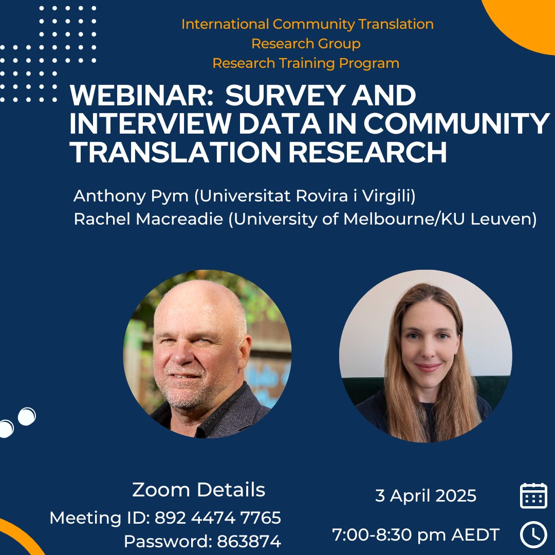 Excited to announce we are organising a webinar by Anthony Pym and Rachel Macreadie on SURVEY AND INTERVIEW DATA IN COMMUNITY TRANSLATION RESEARCH

Zoom link: 
uws.zoom.us/j/89244747765?…