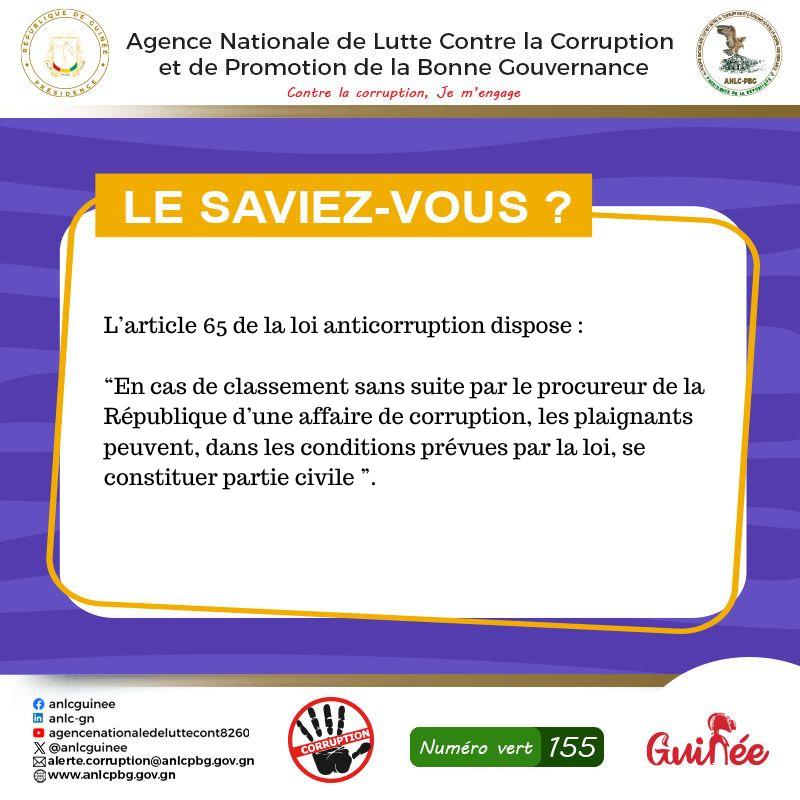 Saviez-vous qu'en République de Guinée, vous avez la possibilité de vous constituer partie civile dans une affaire de corruption?

<a href="/PrimatureGN/">Primature de la République de Guinée</a> <a href="/Presidence_gn/">Présidence de la Guinée</a>
#ANLC_PBG #CNRD #contrelacorruptionjemengage #luttecontrelacorruption #Corruption #BonneGouvernance #Guinee