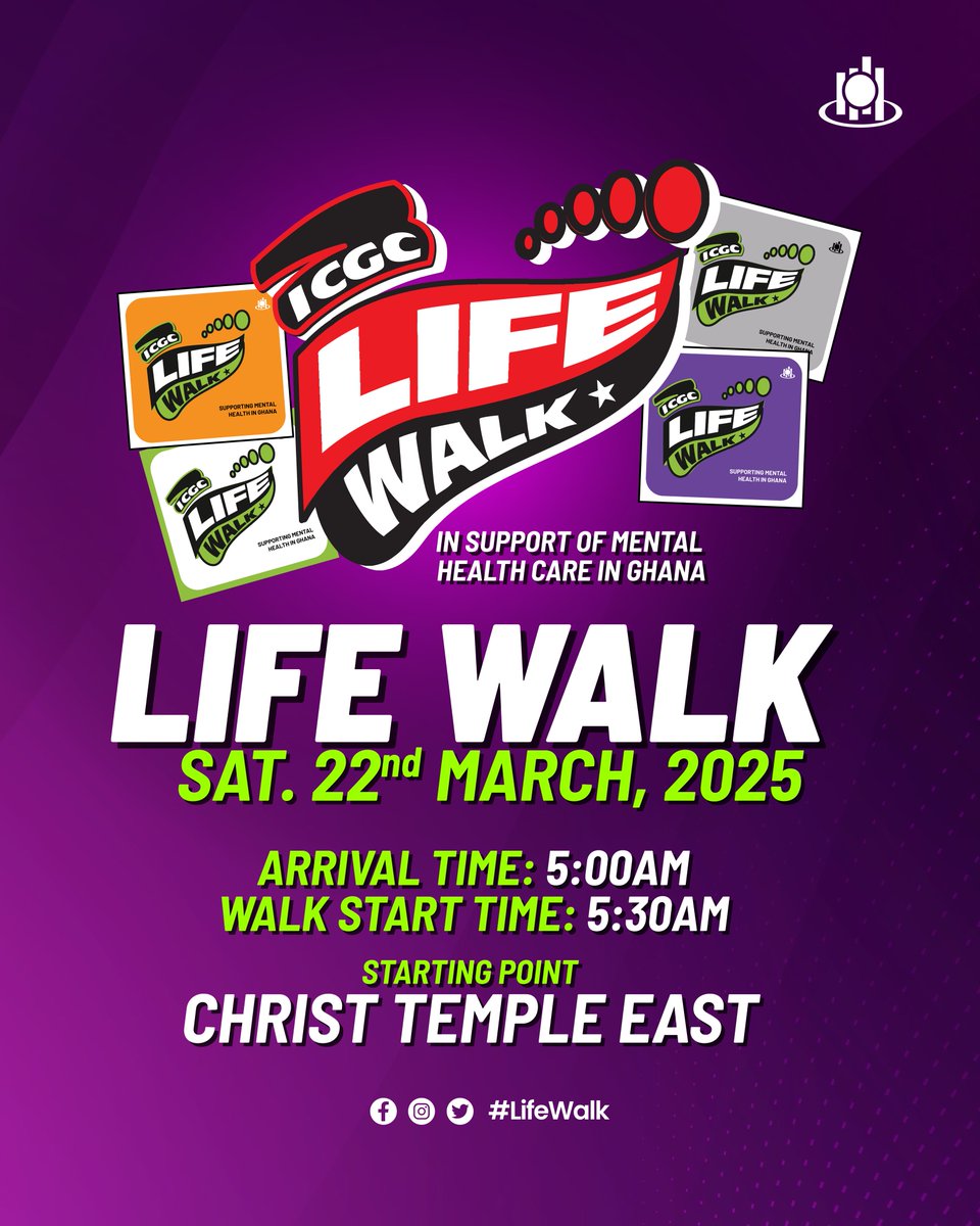 Join us walk 12km in support of mental healthcare delivery in Ghana on Saturday, 22nd March 2025. Gather the whole family, loved ones and fitness enthusiasts and let’s make a difference!

#LifeWalk
#WeAreICGC