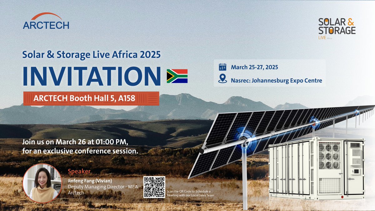 ArctechSolar's tweet image. #ArctechExhibition From March 25-27, the #ArctechMEA team will showcase Arctech’s state-of-the-art #solartracking and #energystorage solutions at the @SolarStorageAfr exhibition. On March 26th at 1 PM, Vivian Fang, Deputy GM for MEA, will present a speech, don&apos;t miss it!
#solar