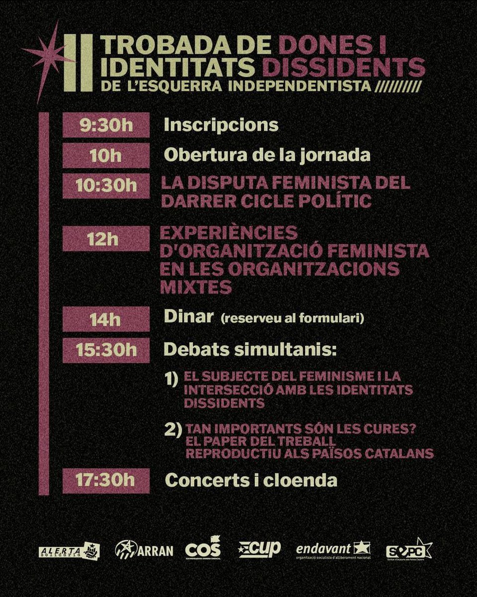 🟣 II Trobada de Dones i Identitats Dissidents 

El 22 de març tindrà lloc la II Trobada, a Sant Pere de Ribes. Reflexions per a construir juntes el feminisme de classe als Països Catalans.

Un dia sencer de formació, debats i cohesió 

🔗 Inscriu-te: forms.gle/7VVNW1kTPUJsnz…