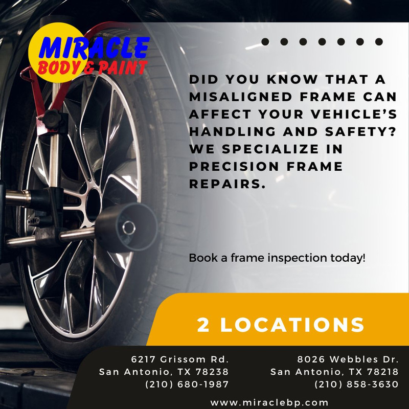 MiracleBody's tweet image. Did you know that a misaligned frame can affect your vehicle’s handling and safety? We specialize in precision frame repairs. Book a frame inspection today! #FrameAlignment #CollisionSafety rfr.bz/tcd70ea