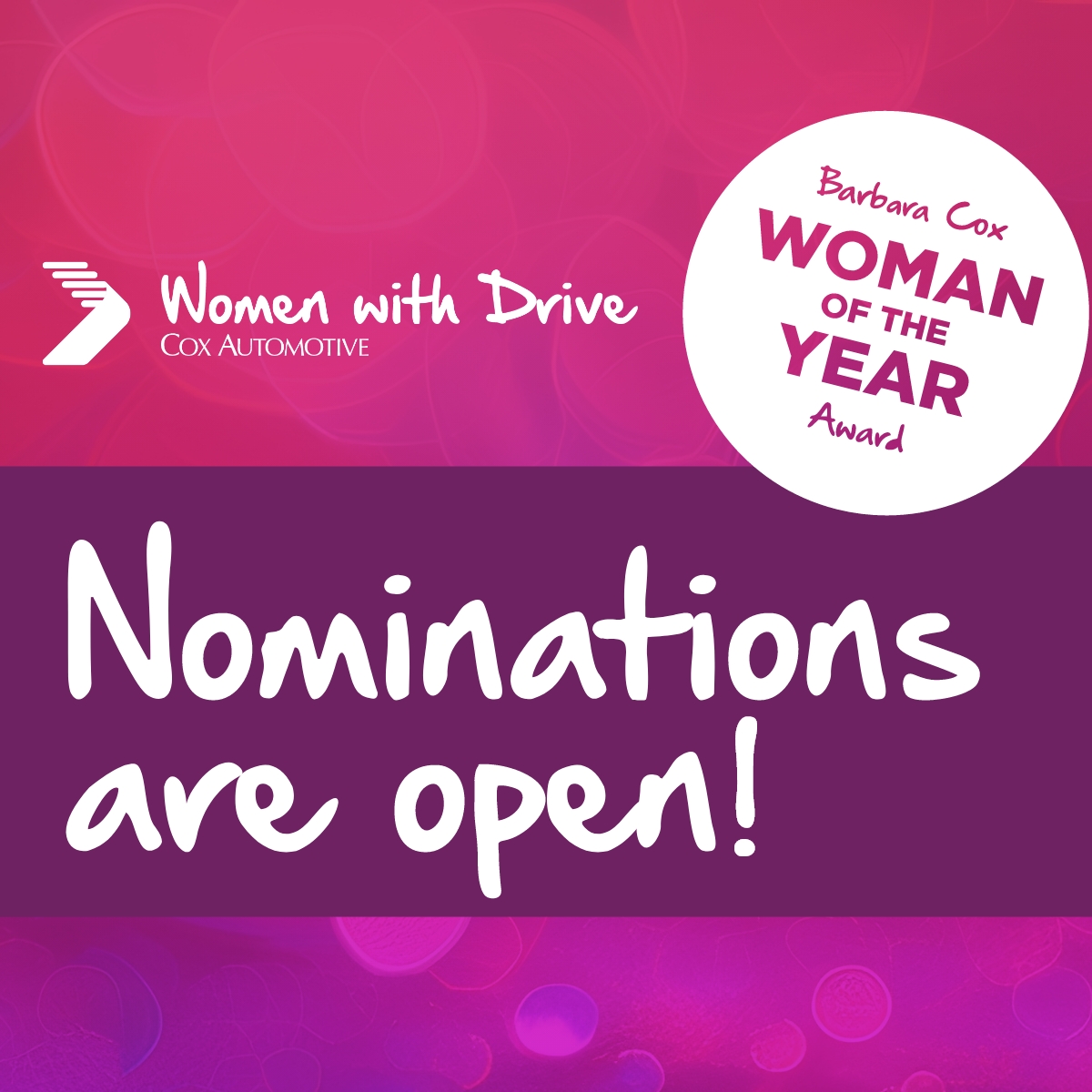 Our Women With Drive network hosted a webinar yesterday with last year’s Barbara Cox award winner, Jacqui Barker.

During the webinar, we announced that nominations for the prestigious Barbara Cox Award are now open!

Submit your nomination here: cox.auto/uh9nP