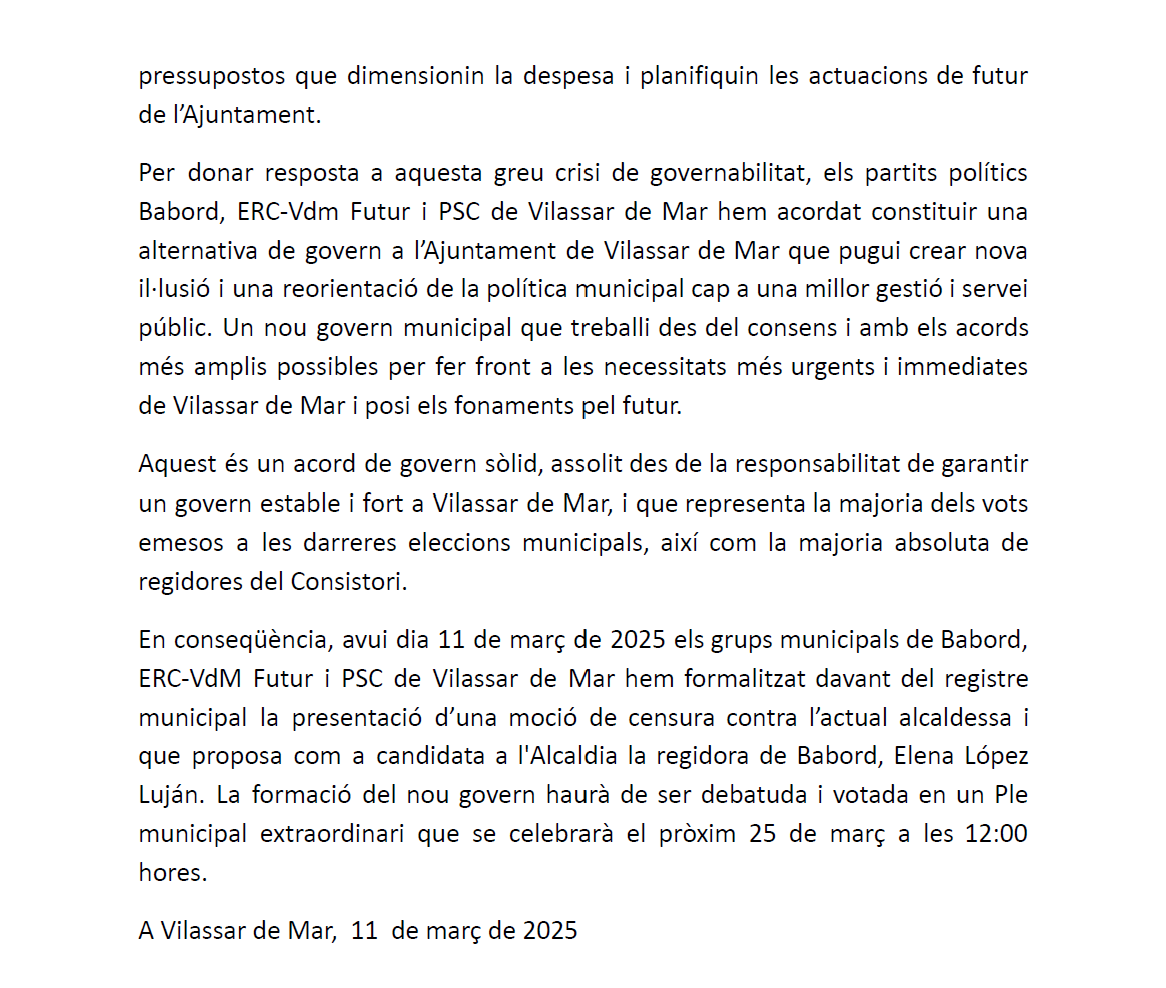 📢 ACORD DE POBLE 📢

➡️ Construïm el futur de #VilassarDeMar 

🗨️ Babord, PSC i ERC-VdM Futur hem formalitzat davant del registre municipal la proposta per constituir un nou govern ampli, fort i estable

ℹ️ La candidata a l'alcaldia serà la portaveu de Babord, Elena López Luján