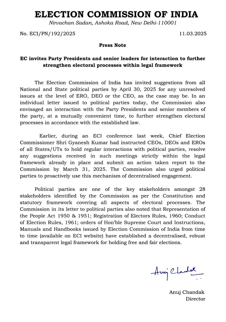 EC invites Party Presidents and senior leaders for interaction to further
strengthen electoral processes within legal framework.

Read this PN for details :
tinyurl.com/mutzsu58