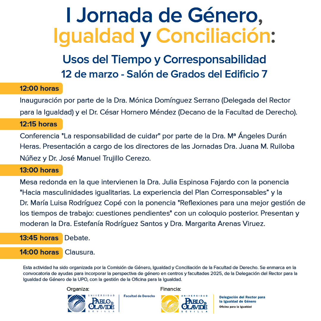 📌La Comisión de #Género, #Igualdad y #Conciliación de la Facultad de Derecho de <a href="/pablodeolavide/">Pablo de Olavide</a> organiza la Jornada sobre usos del tiempo y conciliación.
🗣️Inaugura la Delegada del Rector para la Igualdad, Mónica Domínguez; y el Decano de la Facultad de Derecho, César Hornero.