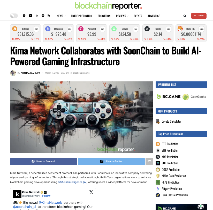 💭 Can AI Reshape Blockchain Gaming?

Kima Network has been featured in <a href="/blockchainrptr/">Blockchain Reporter</a> for its strategic partnership with <a href="/soonchain_ai/">hiei</a>, an AI-powered gaming infrastructure provider.

📰 The article explores how Kima and SoonChain are revolutionizing blockchain gaming by