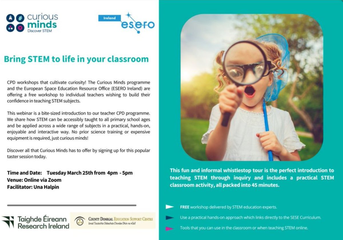 Research Ireland Curious Minds (@curiousmindstem) on Twitter photo 🔎March CPD Taster Session🔎
📅: March 25th
🕰️: 16:00 - 17:00
💻: delivered online, in partnership with Donegal Education Support Centre
Link to register here: donegaledcentre.ie/primary-course…
<a href="/Esero_ie/">ESERO Ireland</a> <a href="/EdCentreDonegal/">Donegal Education Support Centre</a>
#CuriousMinds #ESERO #ProfessionalDevelopment #TeacherTraining 🔎March CPD Taster Session🔎
📅: March 25th
🕰️: 16:00 - 17:00
💻: delivered online, in partnership with Donegal Education Support Centre
Link to register here: donegaledcentre.ie/primary-course…
<a href="/Esero_ie/">ESERO Ireland</a> <a href="/EdCentreDonegal/">Donegal Education Support Centre</a>
#CuriousMinds #ESERO #ProfessionalDevelopment #TeacherTraining