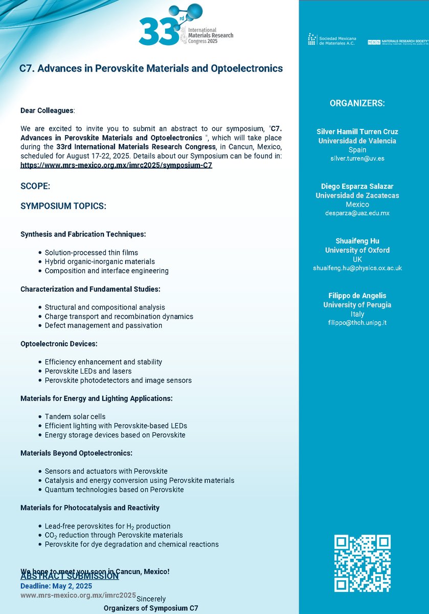Silver-Hamill Turren-Cruz (@shturrencruz) on Twitter photo 📢 Once again, it is a pleasure to announce our symposium at Summer MRS-IMRC in Cancun📷mrs-mexico.org.mx/imrc2025/sympo……. Dates from 17-22 August. 📷DEADLINE: May 2nd. , welcome to submit abstracts📷
<a href="/DiegoEs10478416/">Diego Esparza</a>
<a href="/ShuaifengH/">Shuaifeng Hu</a> 📢 Once again, it is a pleasure to announce our symposium at Summer MRS-IMRC in Cancun📷mrs-mexico.org.mx/imrc2025/sympo……. Dates from 17-22 August. 📷DEADLINE: May 2nd. , welcome to submit abstracts📷
<a href="/DiegoEs10478416/">Diego Esparza</a>
<a href="/ShuaifengH/">Shuaifeng Hu</a>