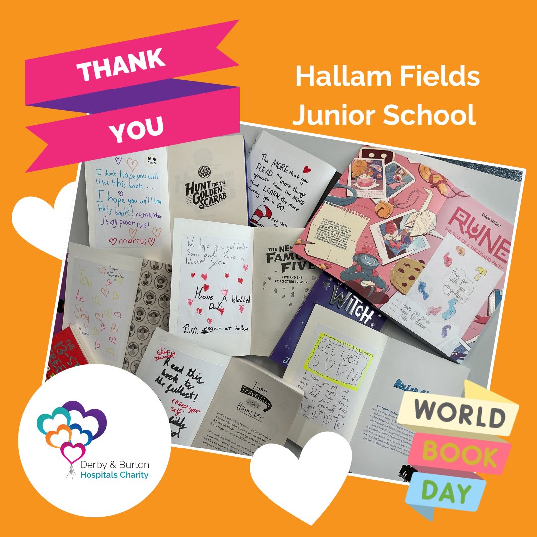 A huge thank you to <a href="/HallamFieldsJS/">Hallam Fields</a> in Ilkeston, who have completed a sponsored read raising £315🌟 

They purchased books for the children's hospital at the Royal Derby Hospital.📓

Pupils added messages for our patients inside each book which was such a wonderful touch! 💜