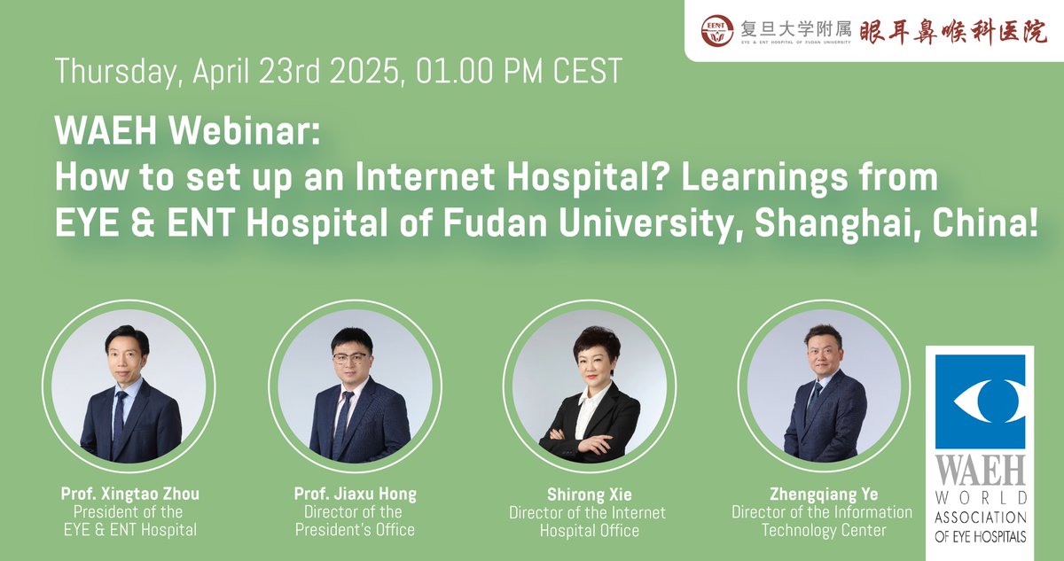 WAEH - eyehospitals (@waeh) on Twitter photo How to set up an Internet Hospital in your eyehospital? Register now for the #WAEHWebinar on April 23, 01.00 PM CEST with Prof. Xingtao Zhou, Prof. Jiaxu Hong, Shirong Xie and Zhengqiang Ye of the Internet Hospital of the EYE & ENT Hospital of <a href="/FudanUni/">Fudan University</a>! bit.ly/4bb6G7D How to set up an Internet Hospital in your eyehospital? Register now for the #WAEHWebinar on April 23, 01.00 PM CEST with Prof. Xingtao Zhou, Prof. Jiaxu Hong, Shirong Xie and Zhengqiang Ye of the Internet Hospital of the EYE & ENT Hospital of <a href="/FudanUni/">Fudan University</a>! bit.ly/4bb6G7D