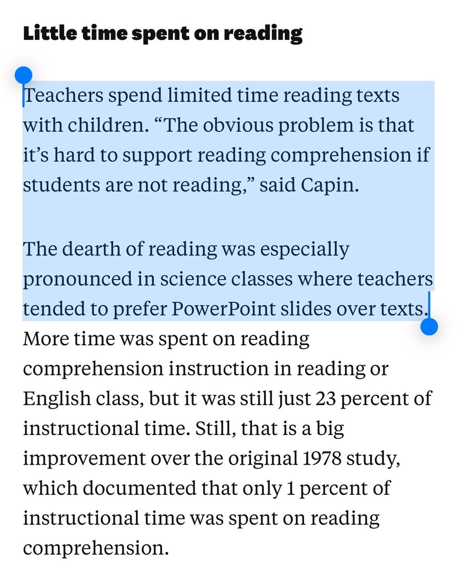New meta-analysis of classroom studies:

‘Teachers spend limited time reading texts with children..

The dearth of reading was especially pronounced in science classes where teachers tended to prefer PowerPoint slides over texts.’

It’s a legit issue: actual books are not as